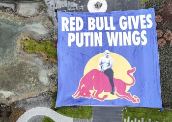 THE HEADQUARTERS OF THE RED BULL COMPANY WERE ATTACKED BY A UKRAINE PROTEST.