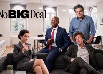 Cast of the British sitcom No Big Deal in the offices of fictional investment firm Janus
