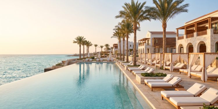 Luxury Rixos beach resort and infinity pool on Egypt’s Red Sea coast
