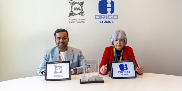 Training programme from Origo Studios to support Shams Production Hub team: representatives of Sharjah Media City (Shams) and Origo Studios at the partnership signing